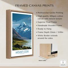 Mount Cook New Zealand Poster | Southern Alps Mountain Canvas Print framed with natural wood and high-quality printing.