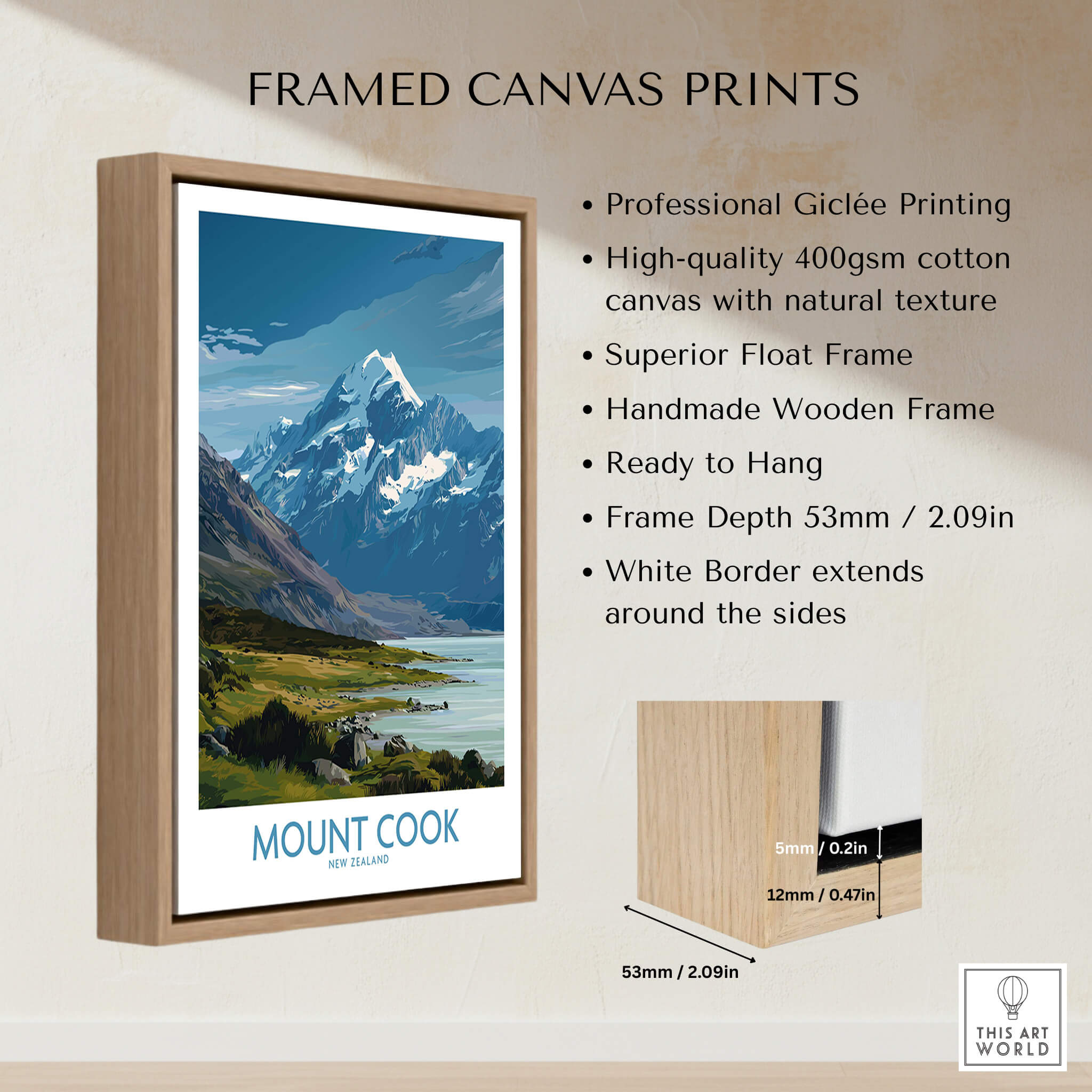 Mount Cook New Zealand Poster | Southern Alps Mountain Canvas Print framed with natural wood and high-quality printing.