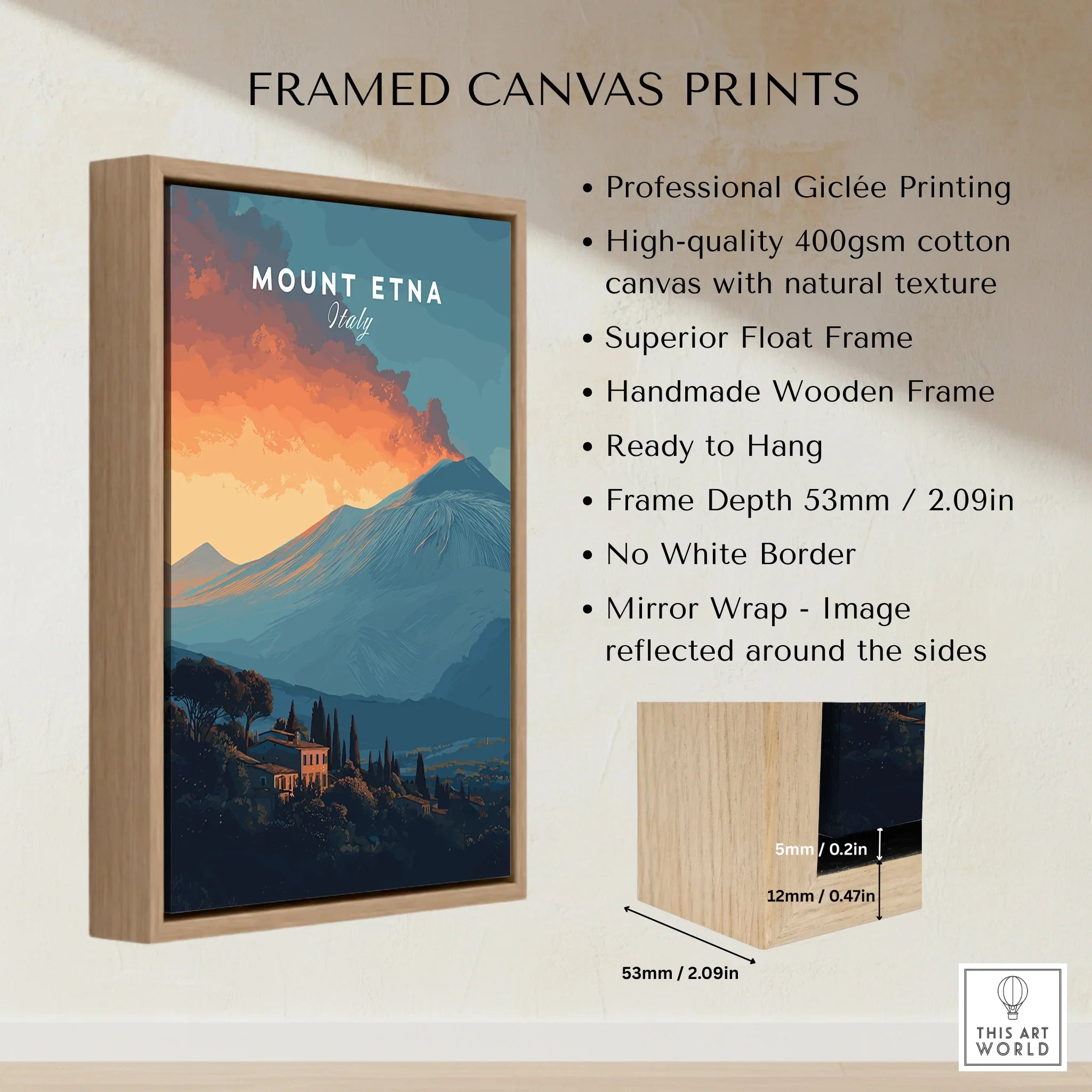 Framed Mount Etna Italy travel poster canvas print with wooden float frame and quality details