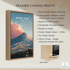 Framed Mount Etna travel poster print with wooden float frame and canvas texture details