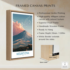 Framed Mount Etna travel poster print with wooden float frame and white border details