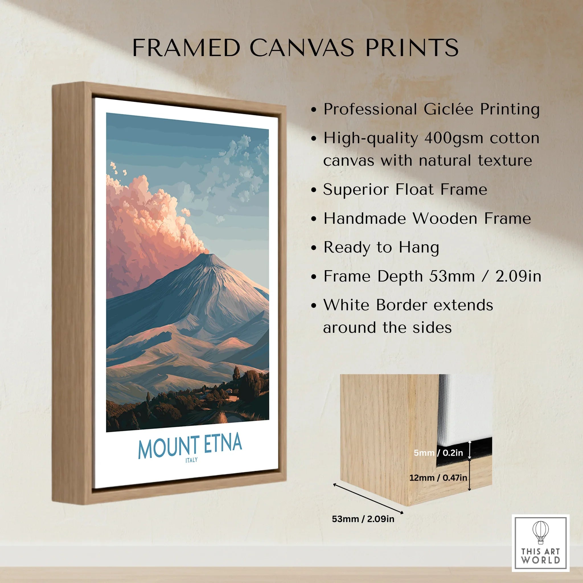 Framed Mount Etna travel poster print with wooden float frame and white border details