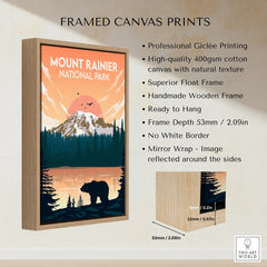 Framed Mount Rainier National Park canvas print with bear, mountain, and sunset scene