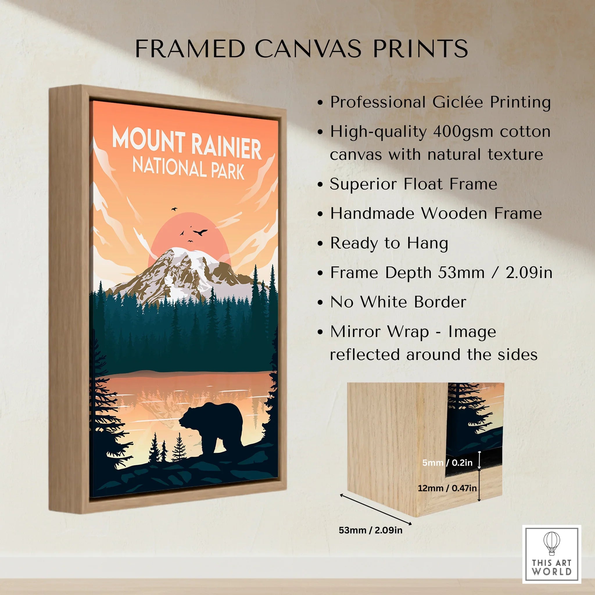 Framed Mount Rainier National Park canvas print with bear, mountain, and sunset scene