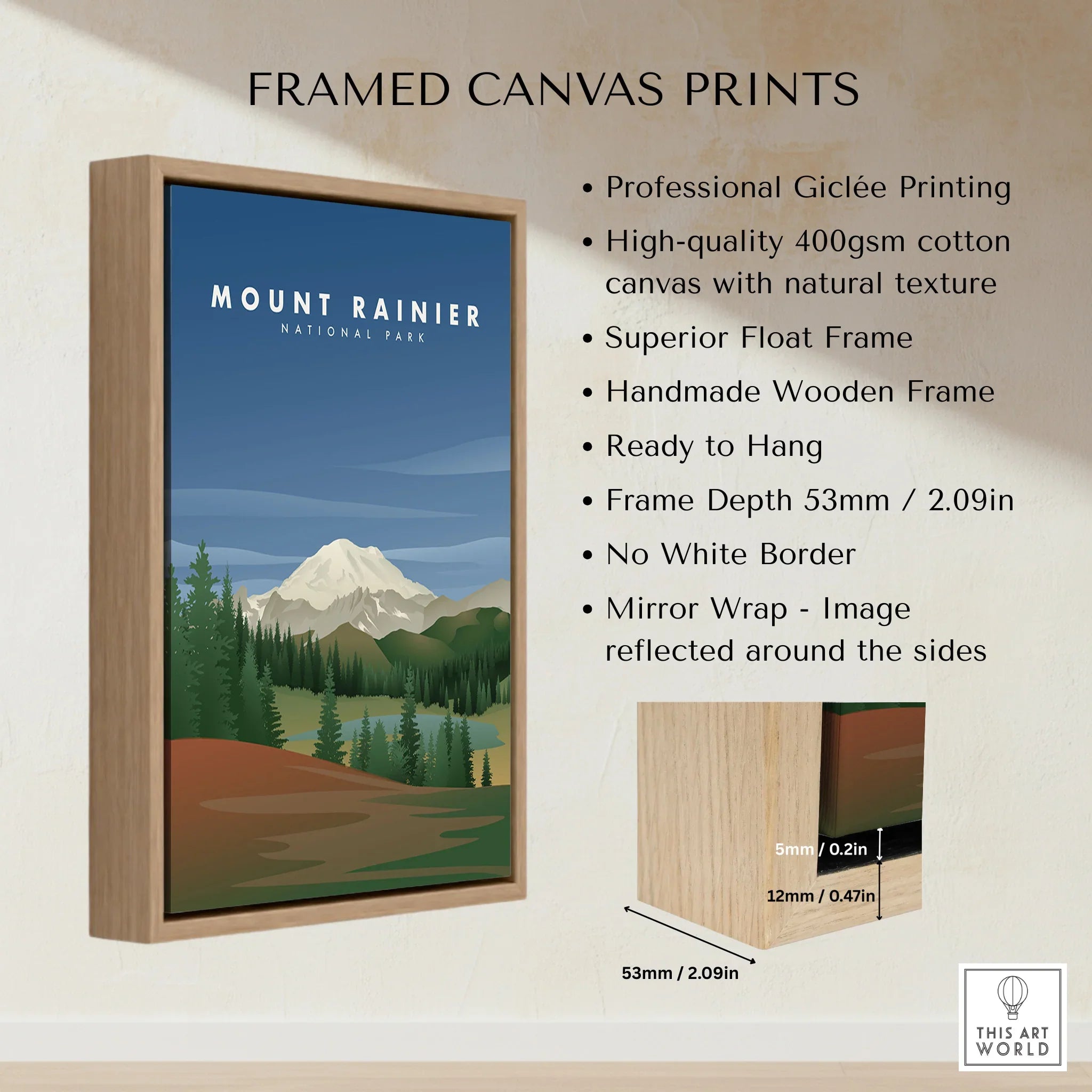 Framed canvas print of Mount Rainier National Park with wooden float frame and forest art.