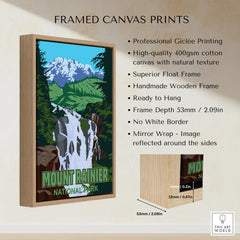 Framed canvas print featuring Mount Rainier National Park waterfall with wooden float frame.