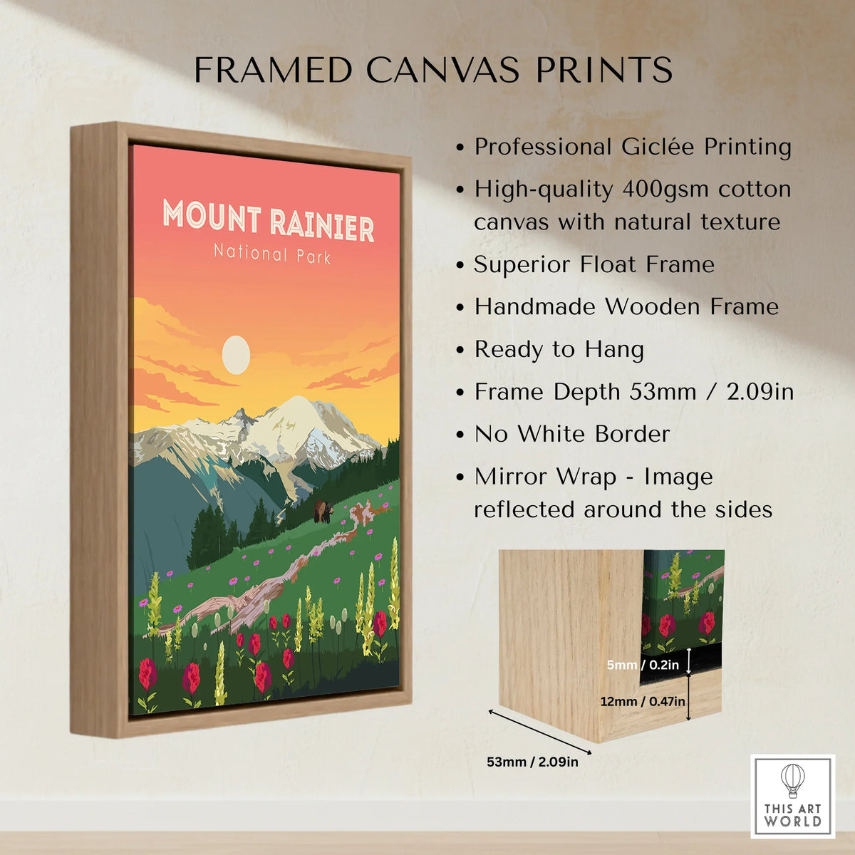 Framed Mount Rainier National Park canvas print with floating wooden frame, wildflower art