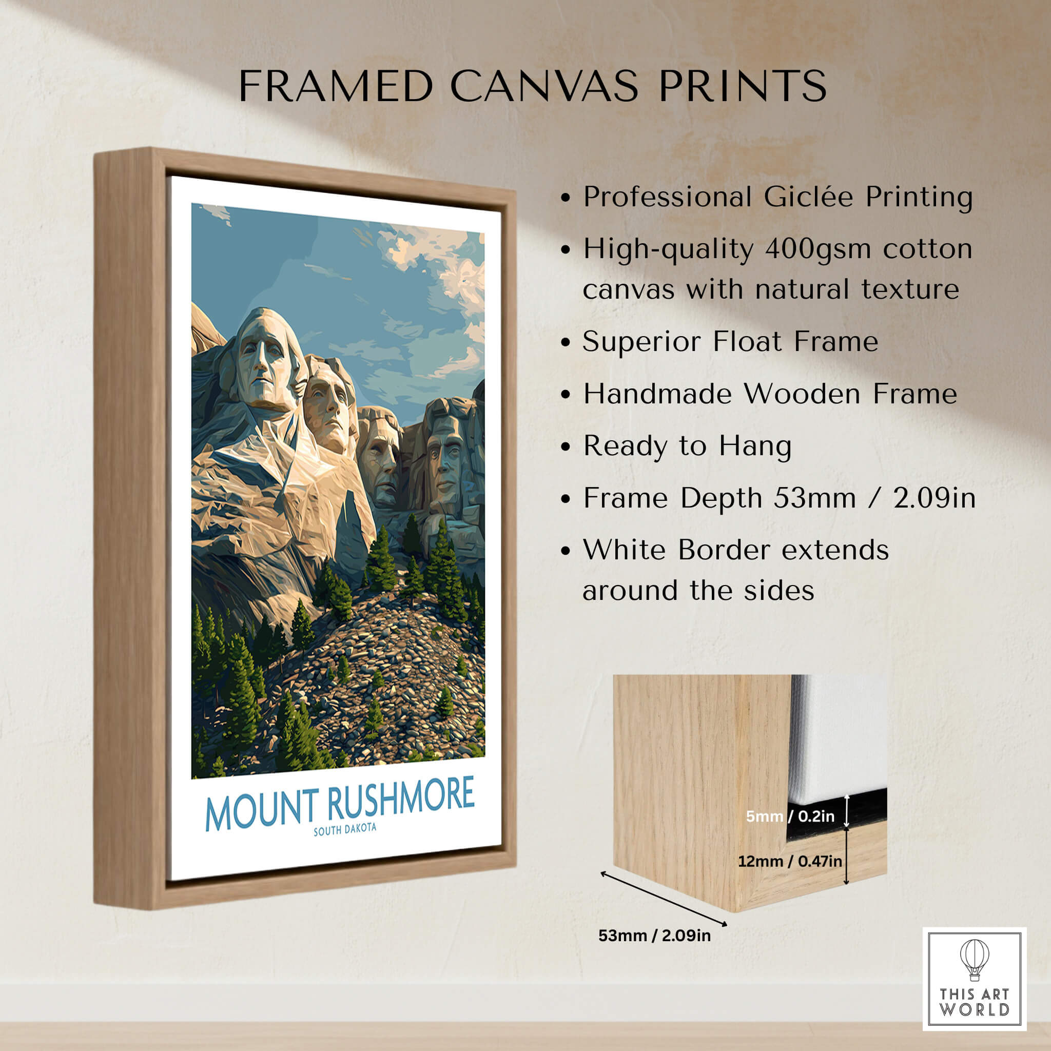 Mount Rushmore Poster | Black Hills National Memorial Canvas Print framed with natural wood and professional Giclée printing.