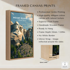 Mount Rushmore Wall Art Print | American Landmark Travel Poster framed canvas print with detailed specifications.