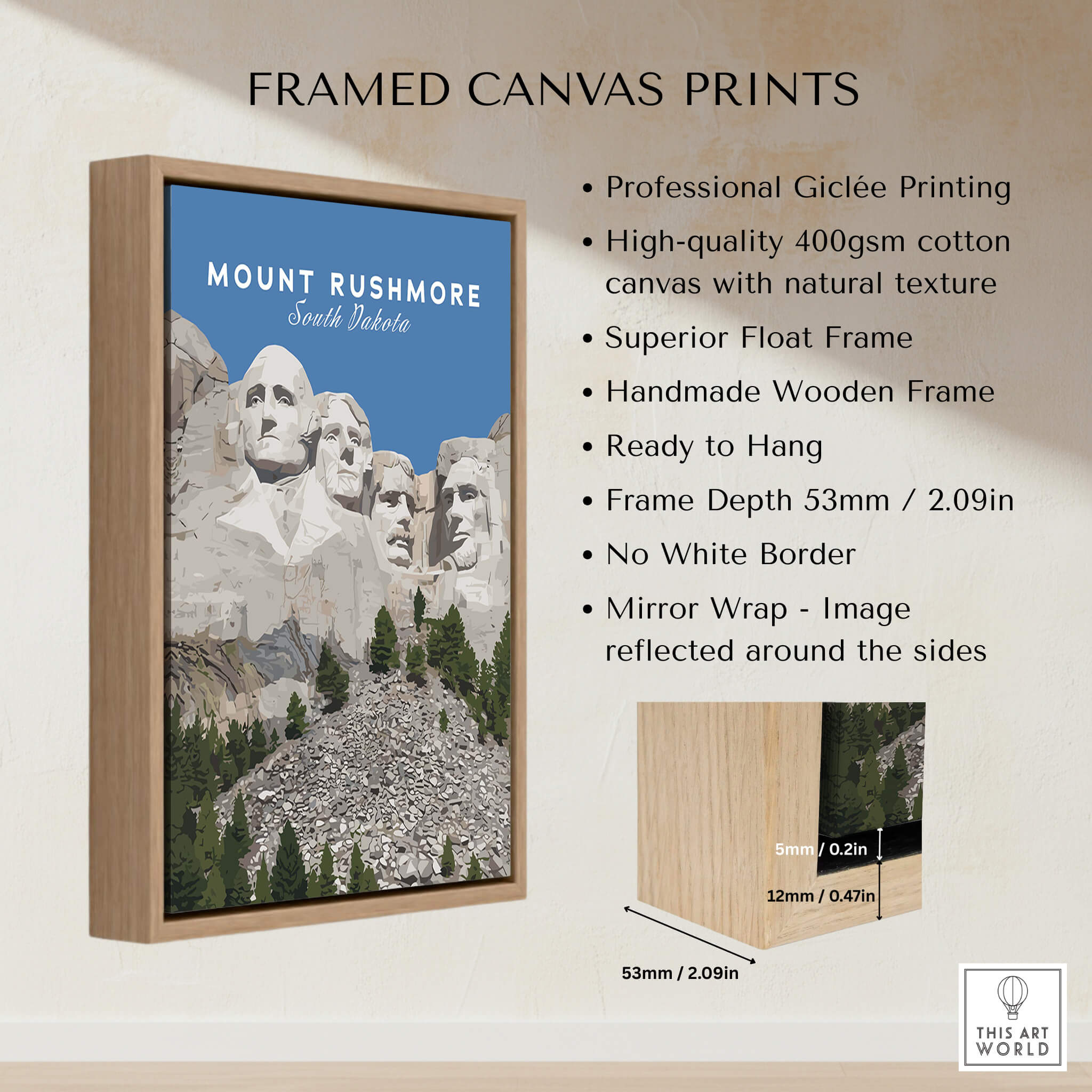 Mount Rushmore Print | National Memorial Wall Art showcased in a framed canvas print with detailed description.