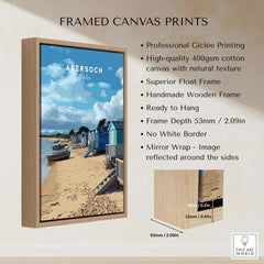 Framed canvas print of Abersoch Welsh Seaside Village Scene Print | Llyn Peninsula Home Art showcasing beach huts and coastal scenery.