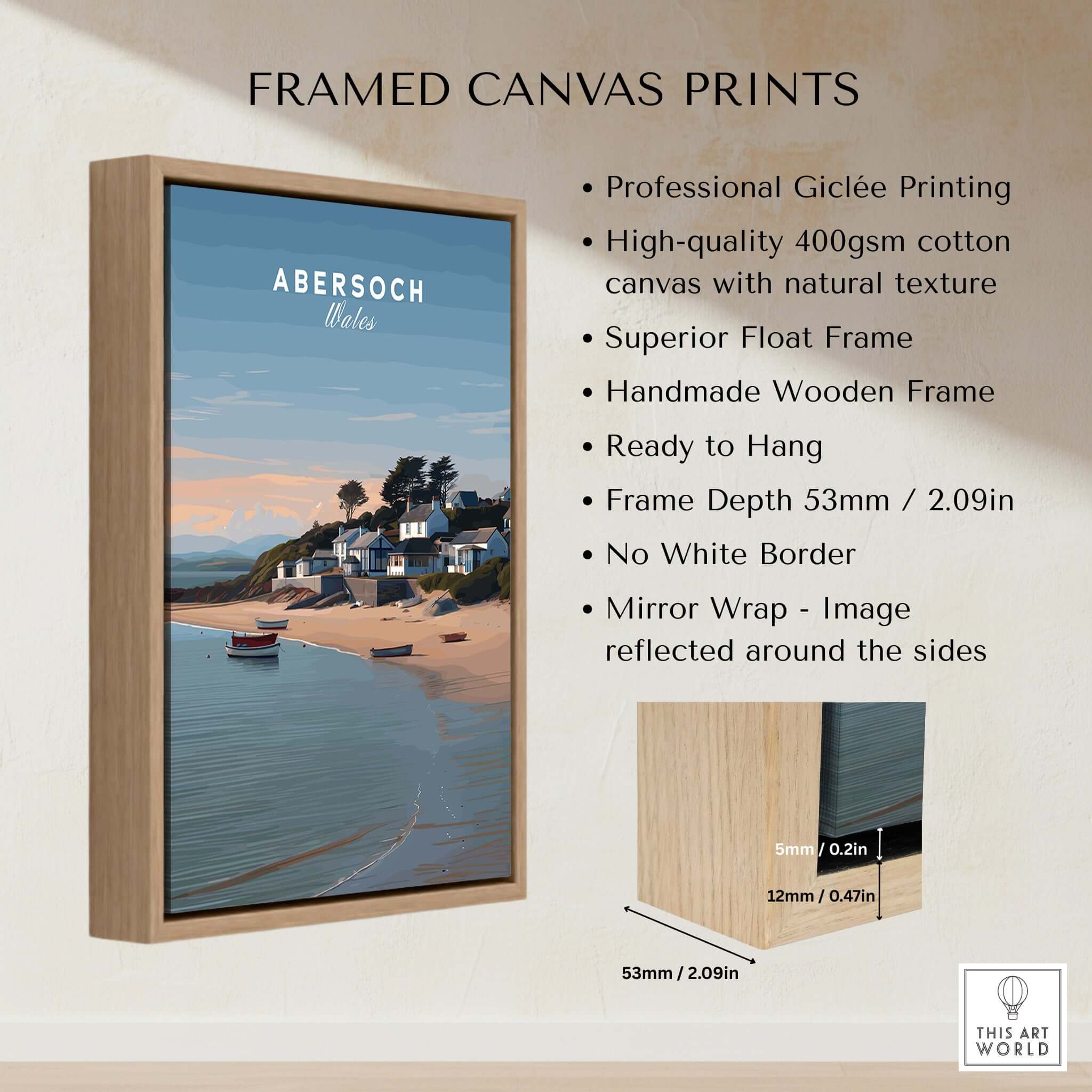 Abersoch Llyn Peninsula Shoreline View Canvas Print | Welsh Seaside Travel Poster framed with wooden frame and Giclée printing.