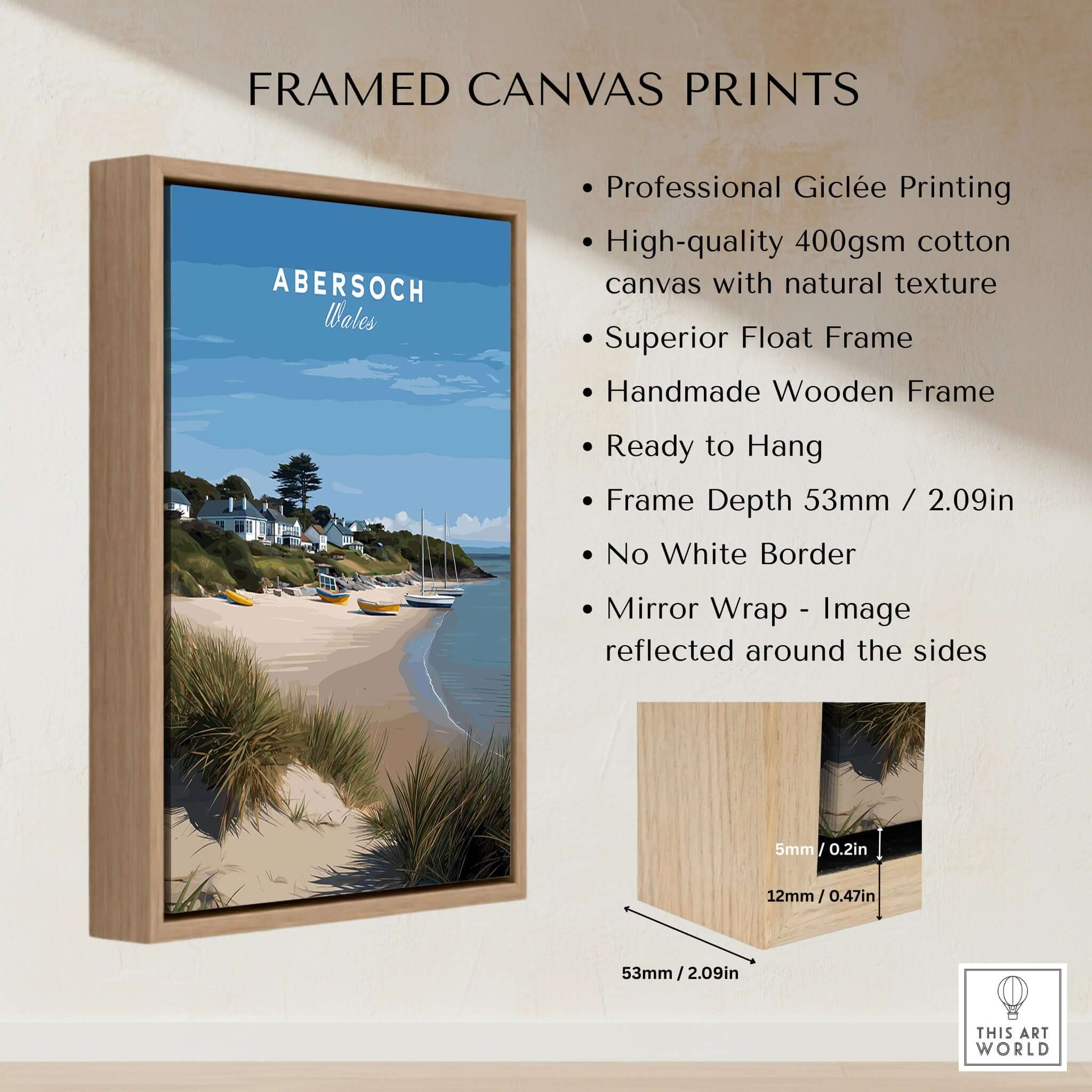 Abersoch Llyn Peninsula Boating Scene Canvas Print | Welsh Seaside Home Decor framed print with natural texture and wooden frame.