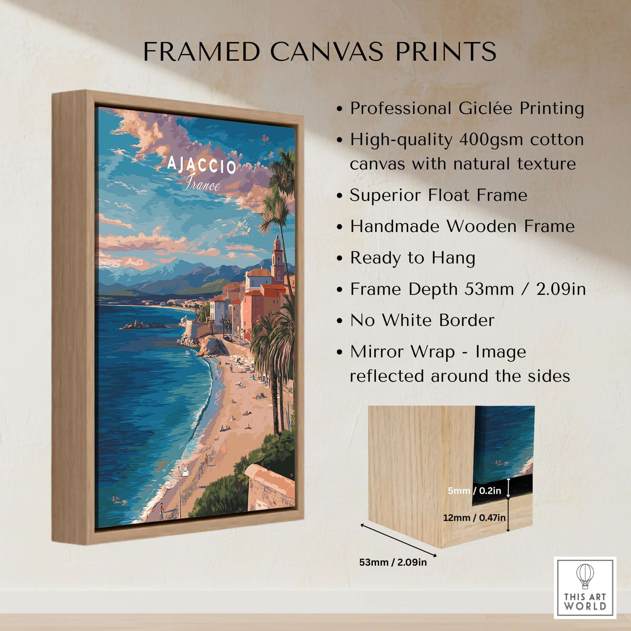 Ajaccio Canvas Print | French Travel Wall Decor featuring framed artwork of Corsica's coastal scenery.