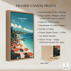 Albania Canvas Print | Balkan Travel Wall Decor featuring a scenic beach view with umbrellas and crystal waters.