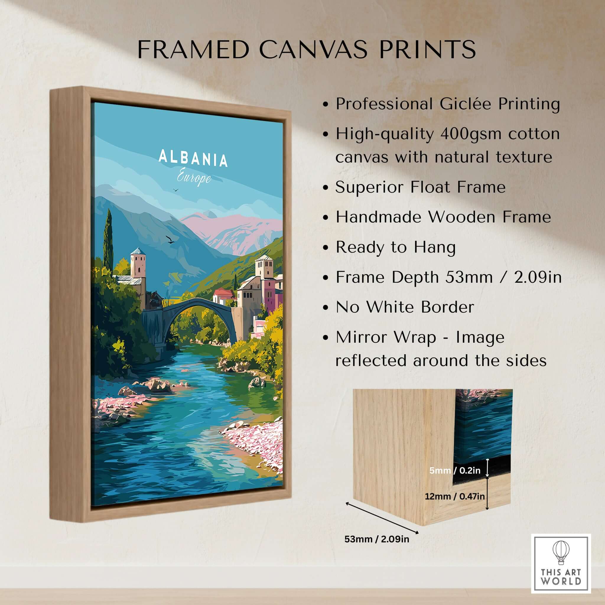 Albania Canvas Print | European Travel Wall Decor showing a scenic landscape in a handmade wooden frame.