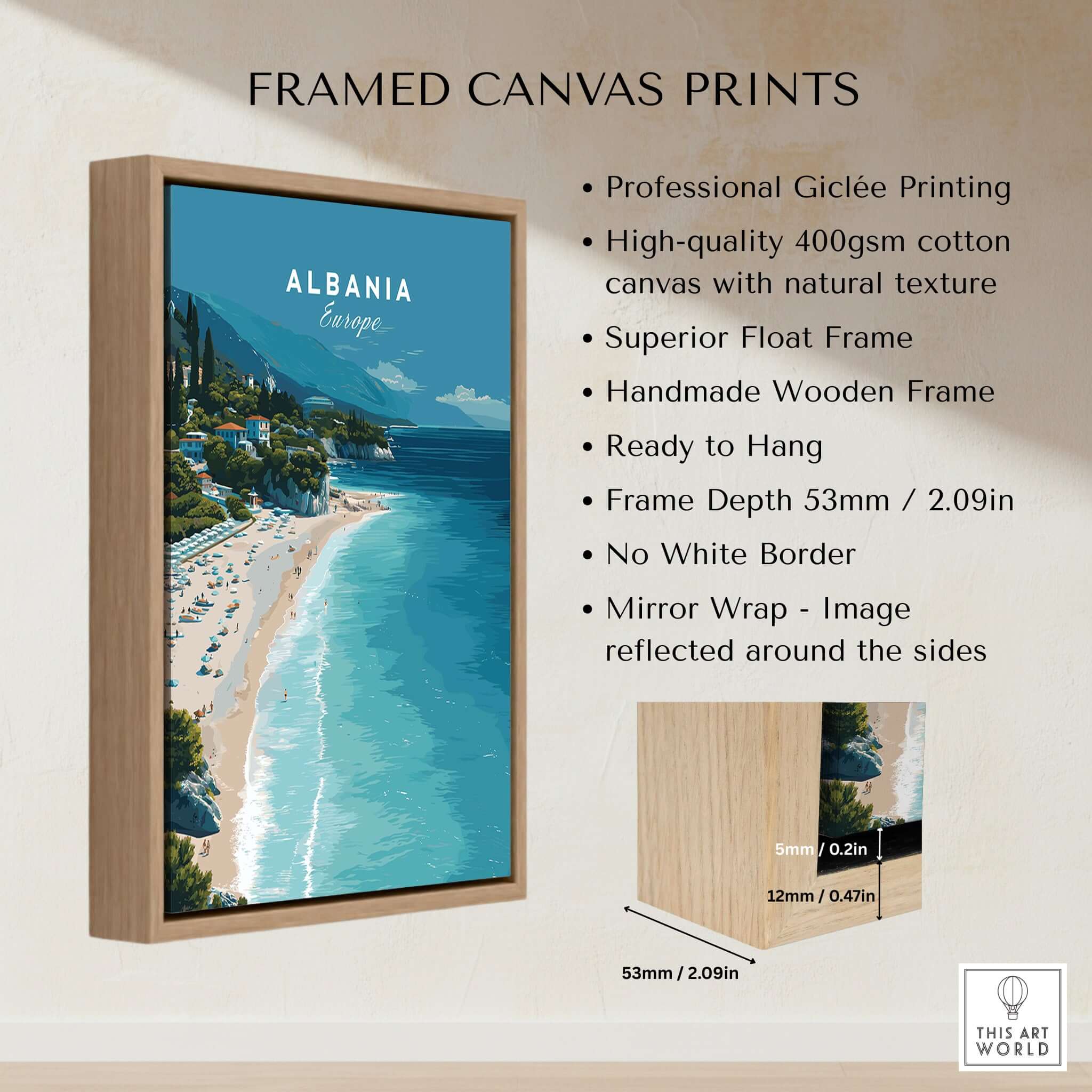 Albania Canvas Print | Balkan Travel Poster showcasing a framed beach scene of Albania's coast with natural texture.
