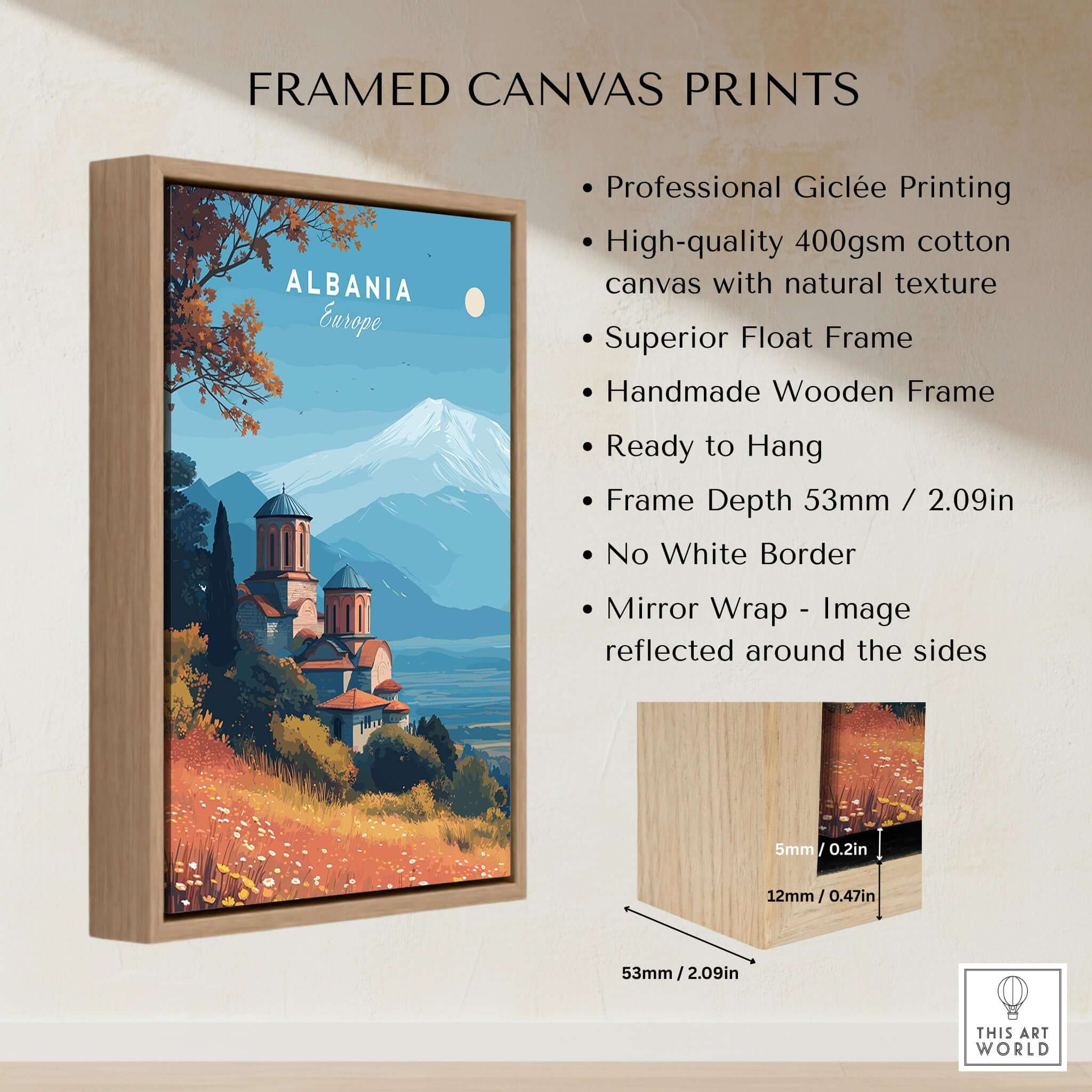 Albania Canvas Print | Framed and Unframed Travel Wall Decor featuring monastery on hill and mountain backdrop.