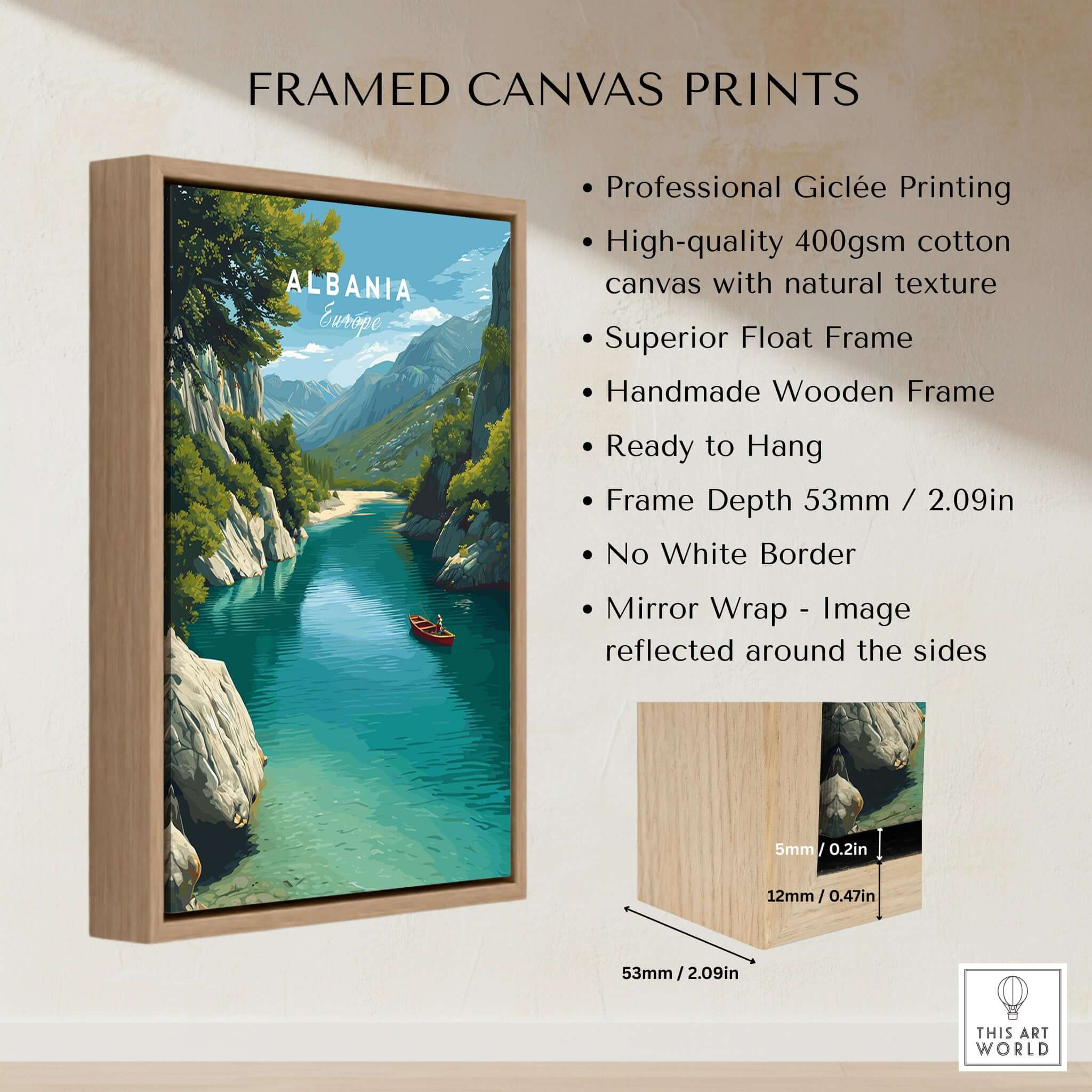 Albania Canvas Art Print featuring stunning mountain landscapes and a serene river in a handmade wooden frame.