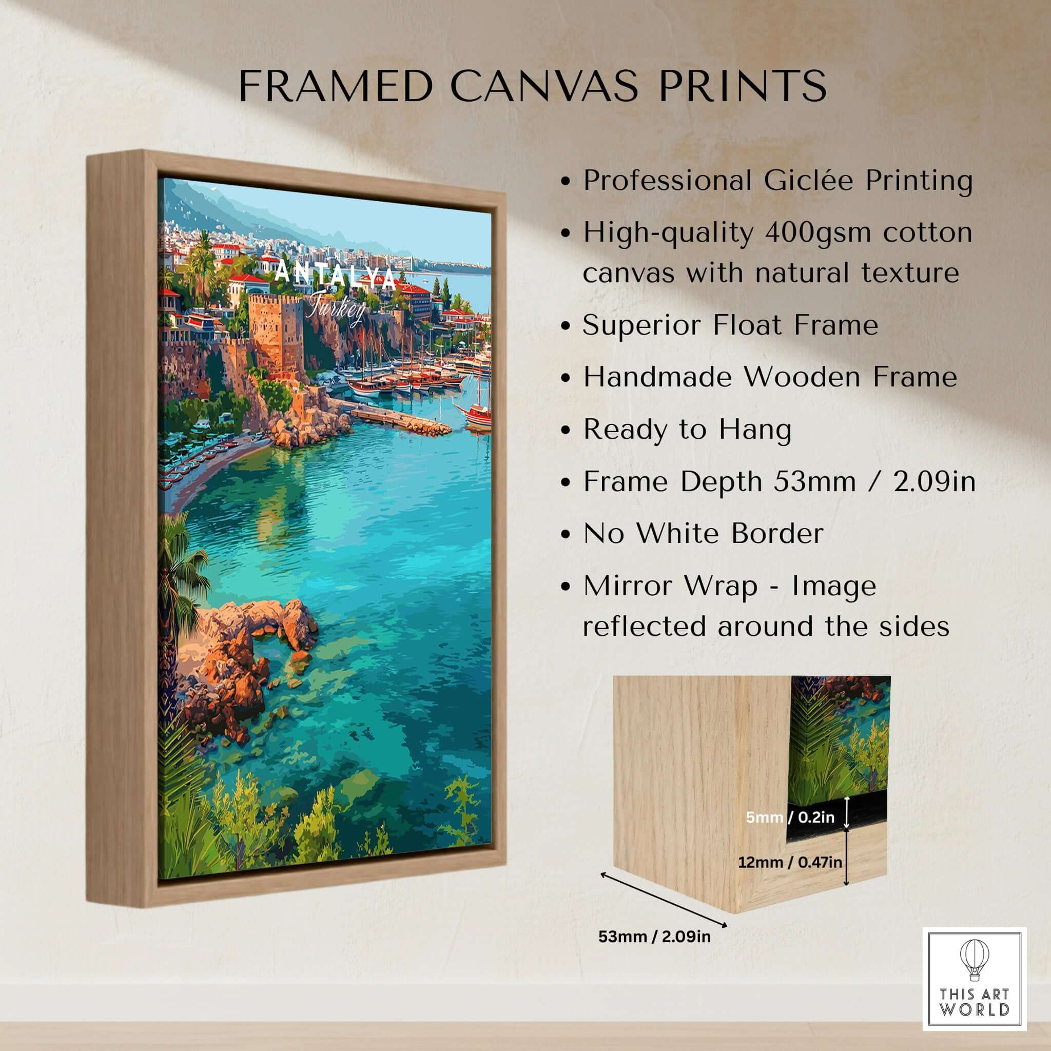 Antalya Marina and Red Tower Canvas Print | Turkish Coastal Wall Decor framed print featuring vibrant colors and professional Giclée printing.