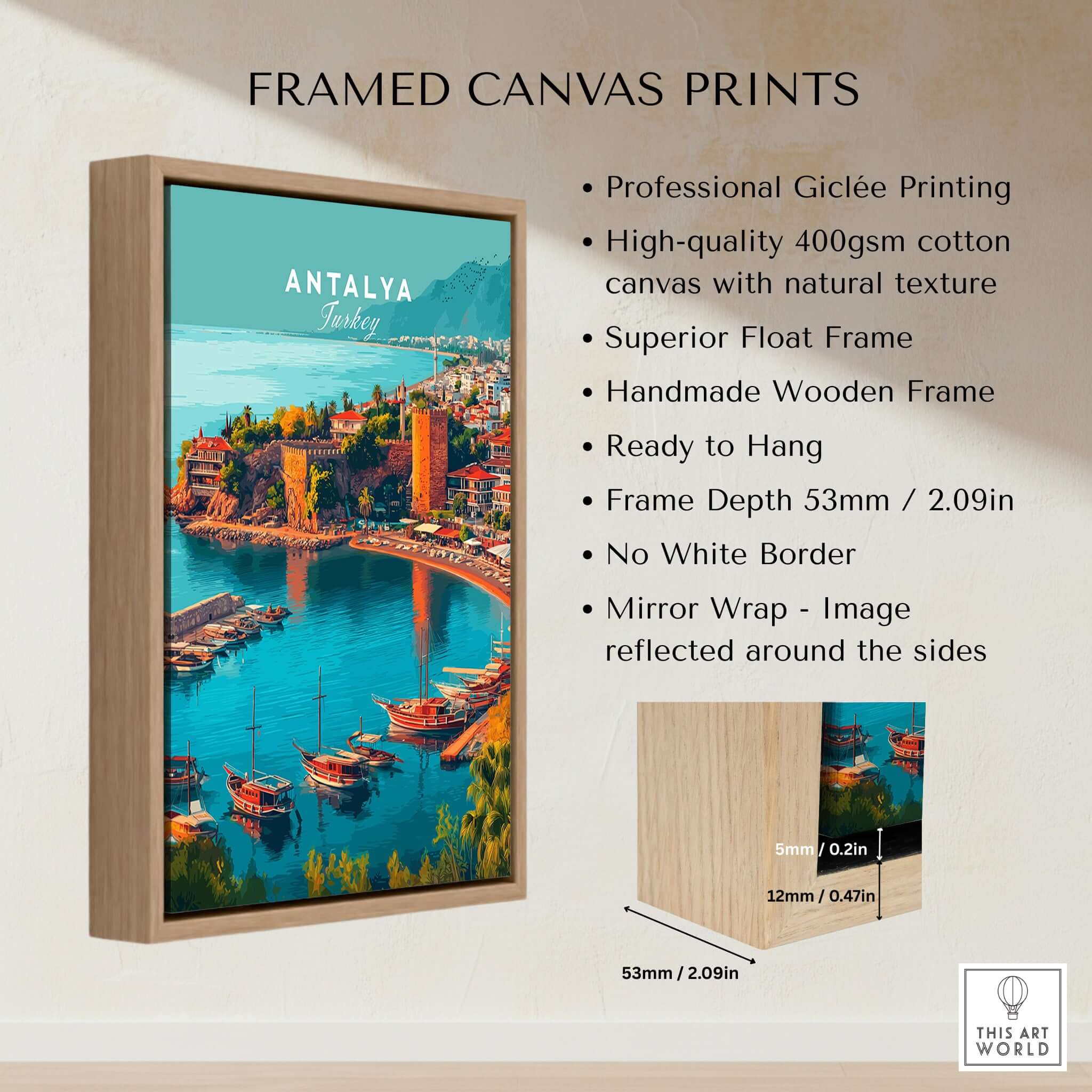 Antalya Canvas Print | Turkish Beach Wall Art framed print description and details with stunning Antalya coastline.