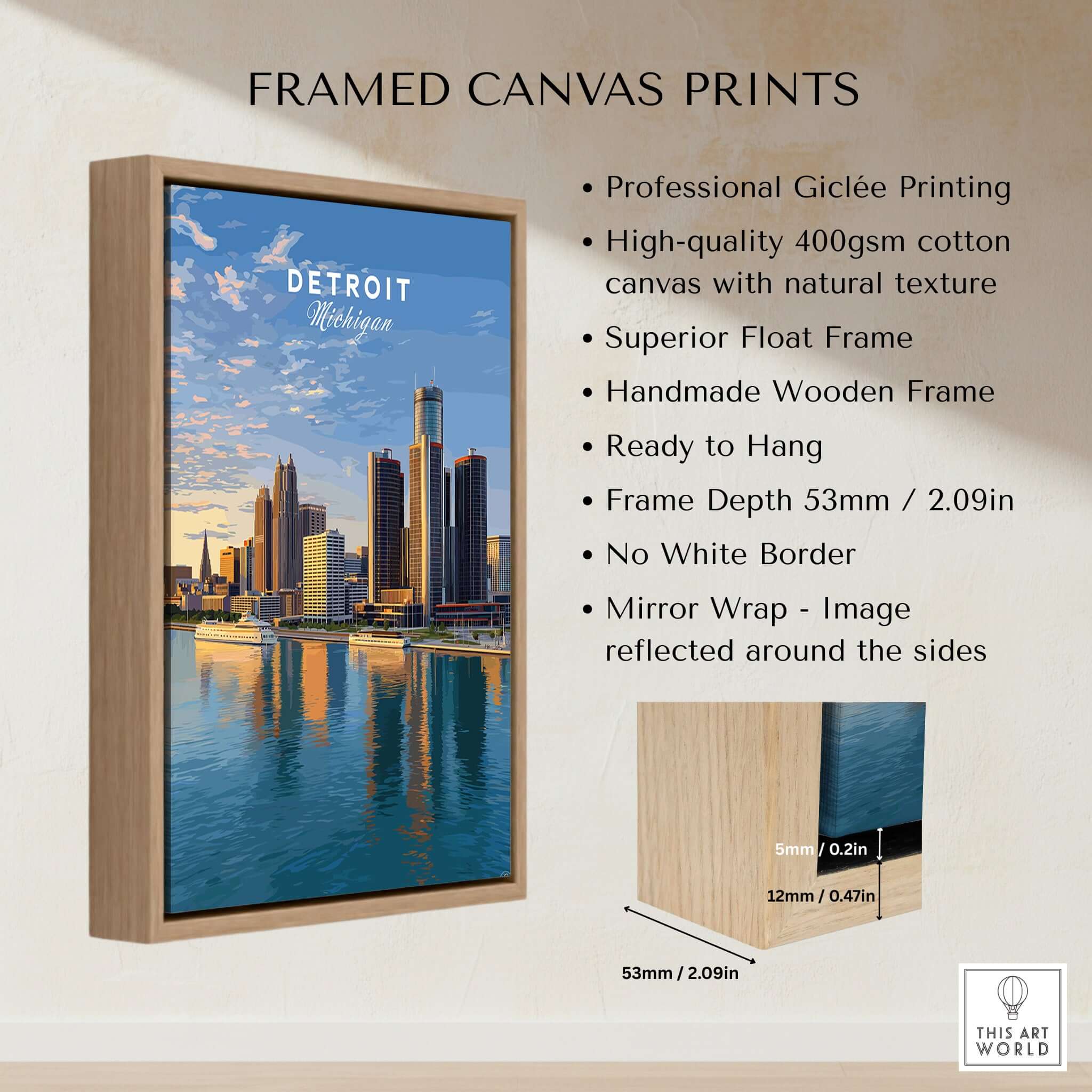 Detroit Riverfront Sunset View Print | Modern US City Wall Decor in framed canvas print with wooden frame.