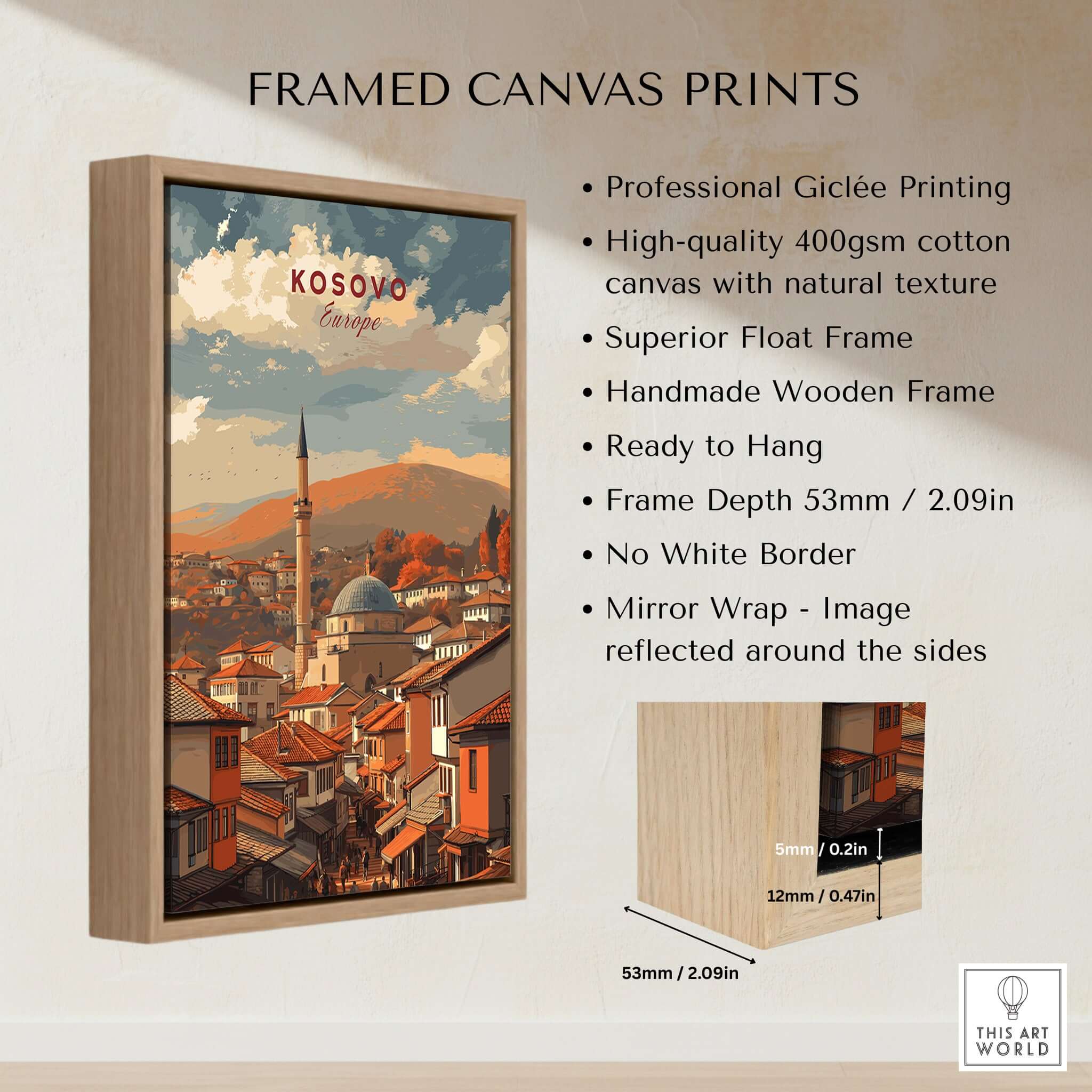 Kosovo Balkan City Rooftops Canvas Print | European Travel Wall Decor showcasing professional Giclée printing and wooden frame.