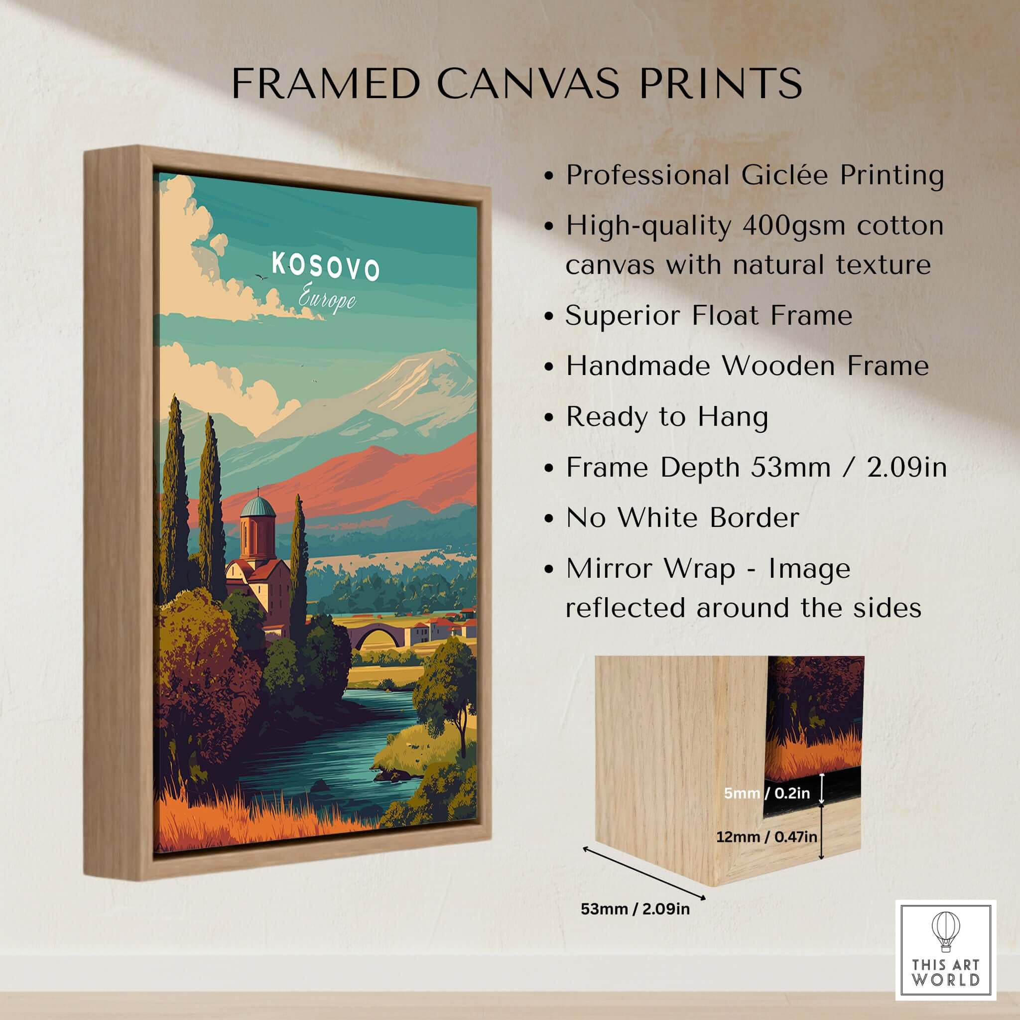 Kosovo Peja Canvas Print | European Travel Wall Art featuring high-quality Giclée printing and a handmade wooden frame.