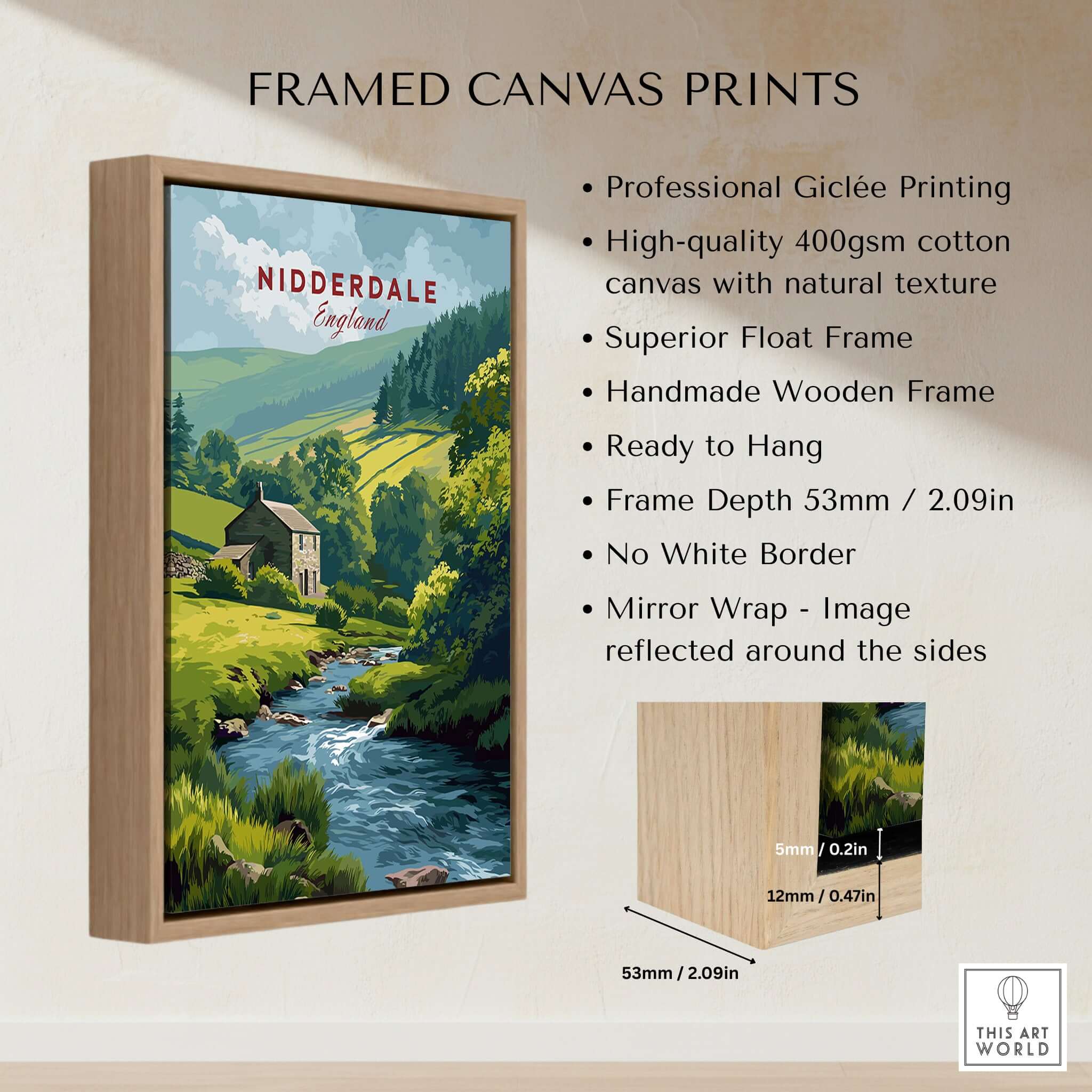 Nidderdale Stone Farmhouse and Stream Canvas Print | English Country Wall Decor framed print details.