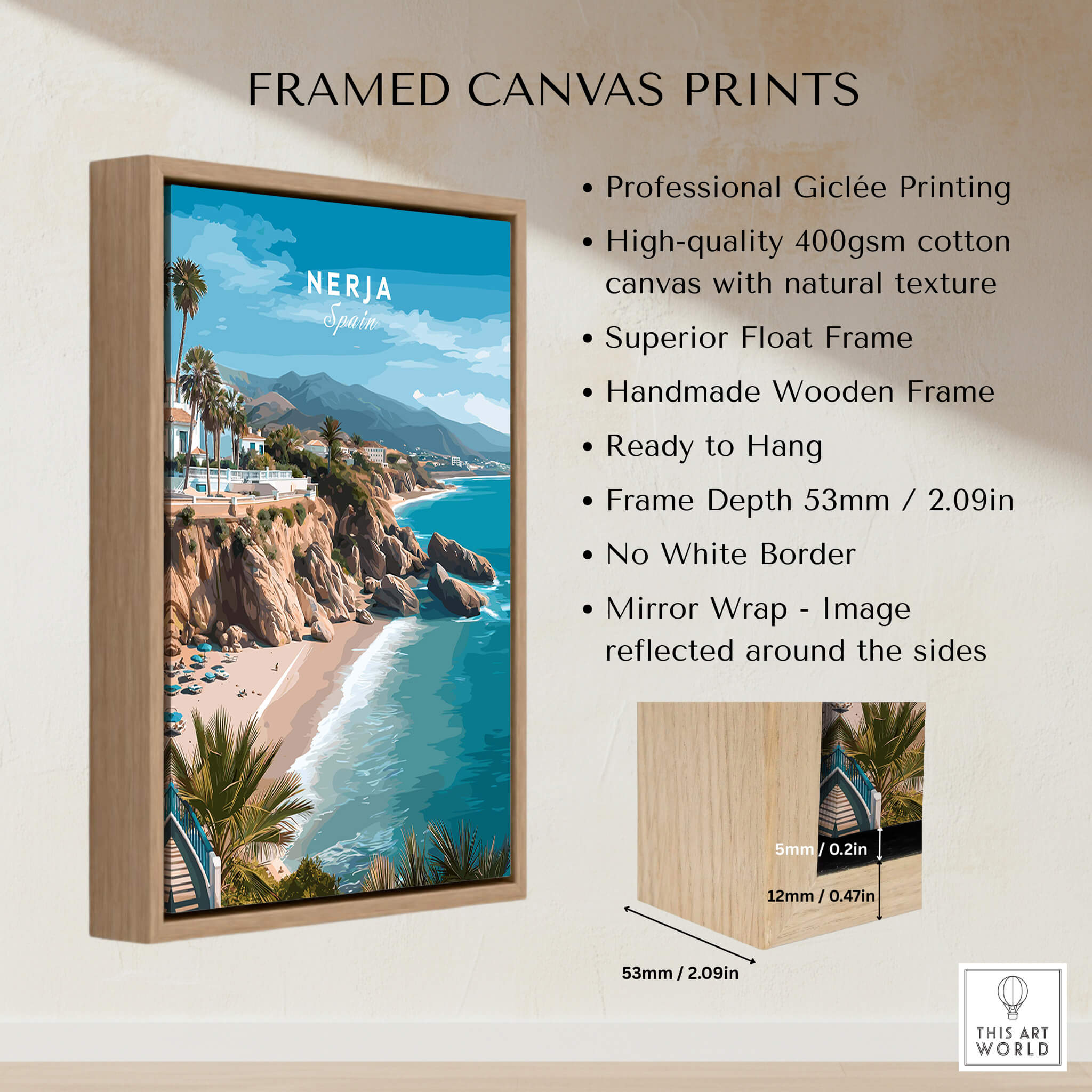 Nerja Spain Wall Art Print | Costa del Sol Coastal Travel Poster showcased in a framed canvas print.