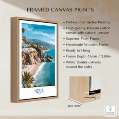 Nerja Spain Poster | Mediterranean Beach Landscape Canvas Print framed canvas print showcasing a coastal scene with cliffs and sea.