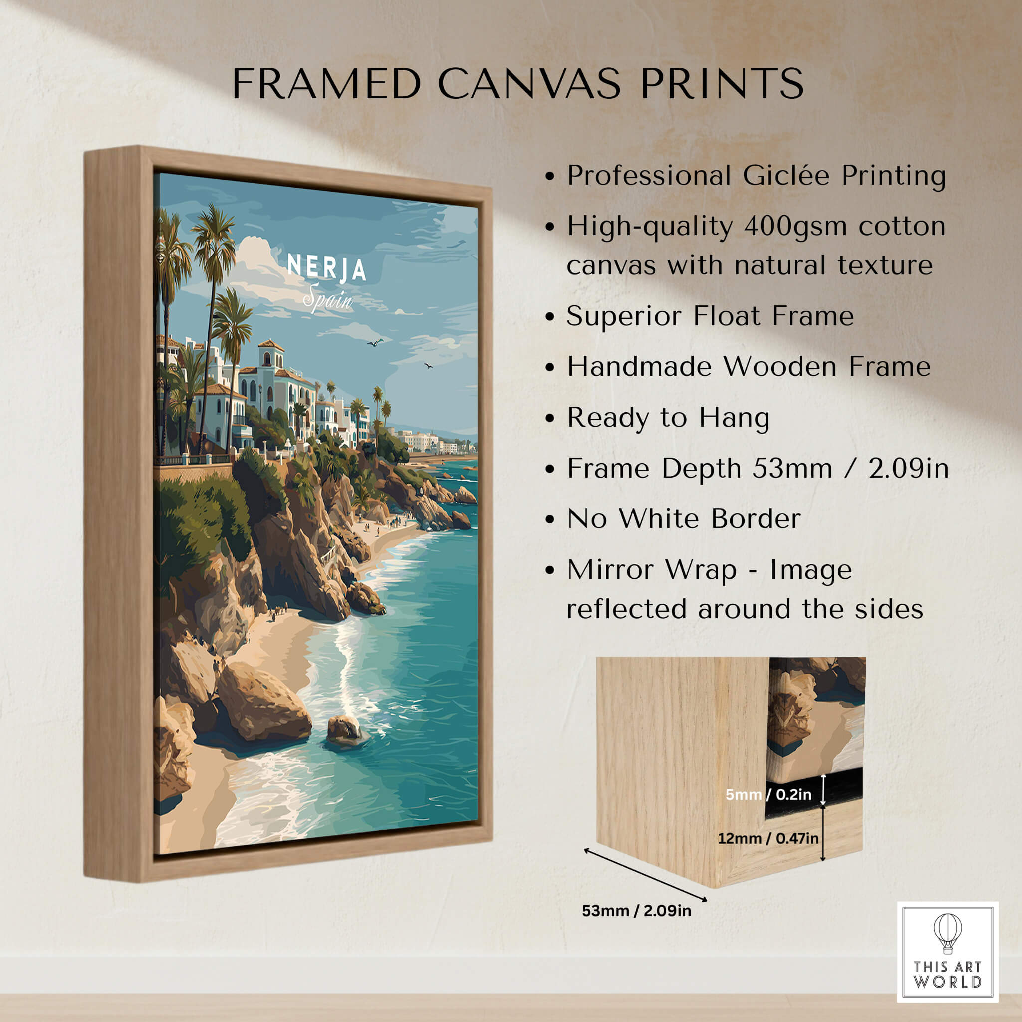 Nerja Spain Wall Art Print | Mediterranean Travel Poster in a wooden frame showcasing coastal cliffs and turquoise waters.