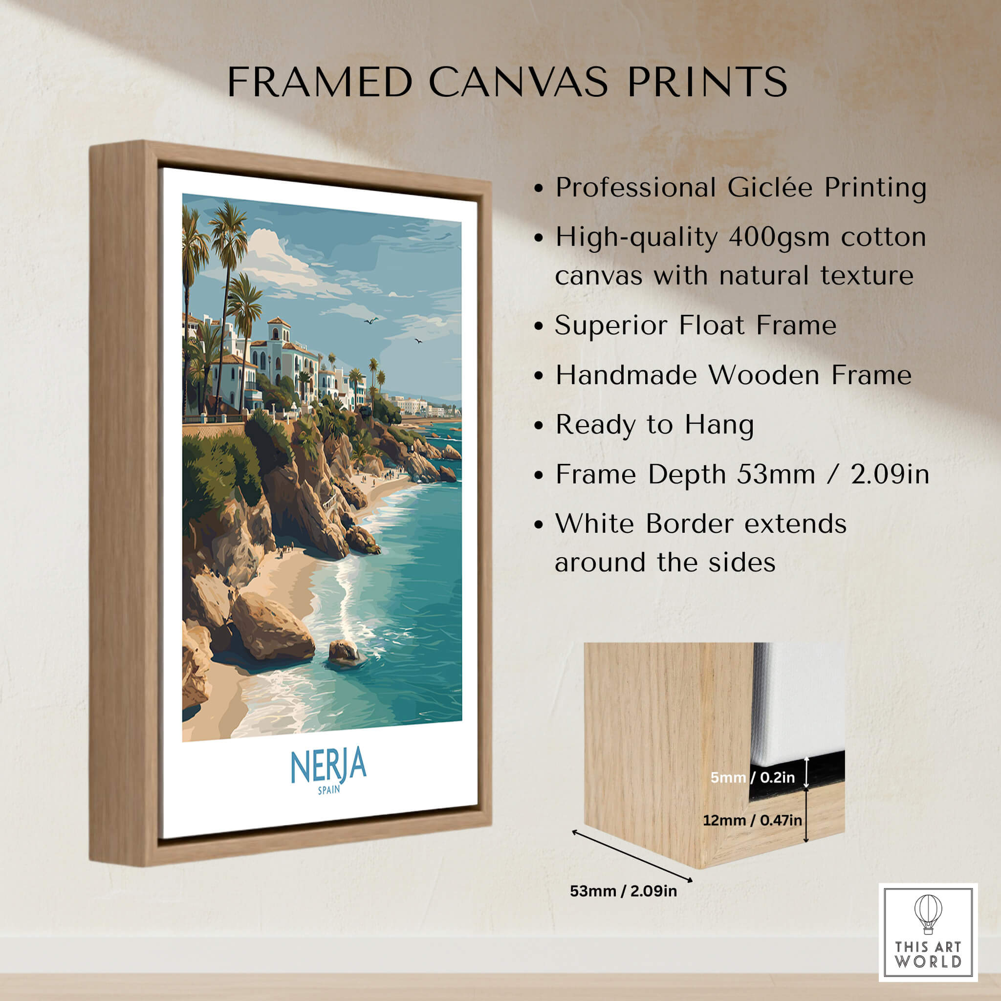 Nerja Spain Poster | Spanish Village Canvas Print framed with a wooden frame, showcasing breathtaking coastal views.
