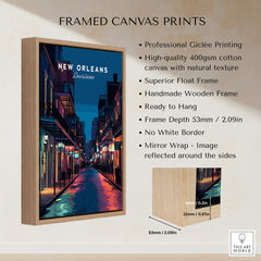 New Orleans Travel Poster | Bourbon Street Night Wall Art Print displayed in a wooden frame with vibrant colors.