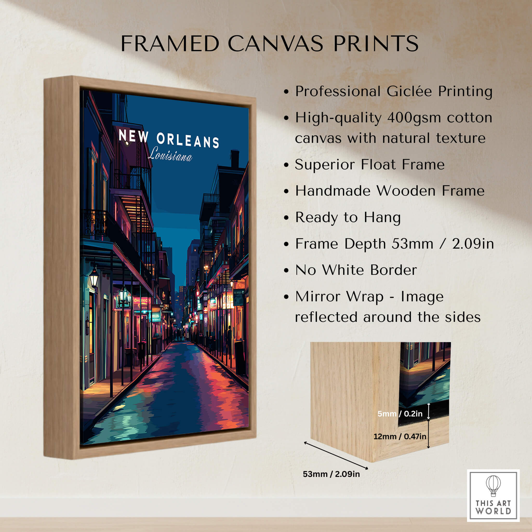 New Orleans Travel Poster | Bourbon Street Night Wall Art Print displayed in a wooden frame with vibrant colors.