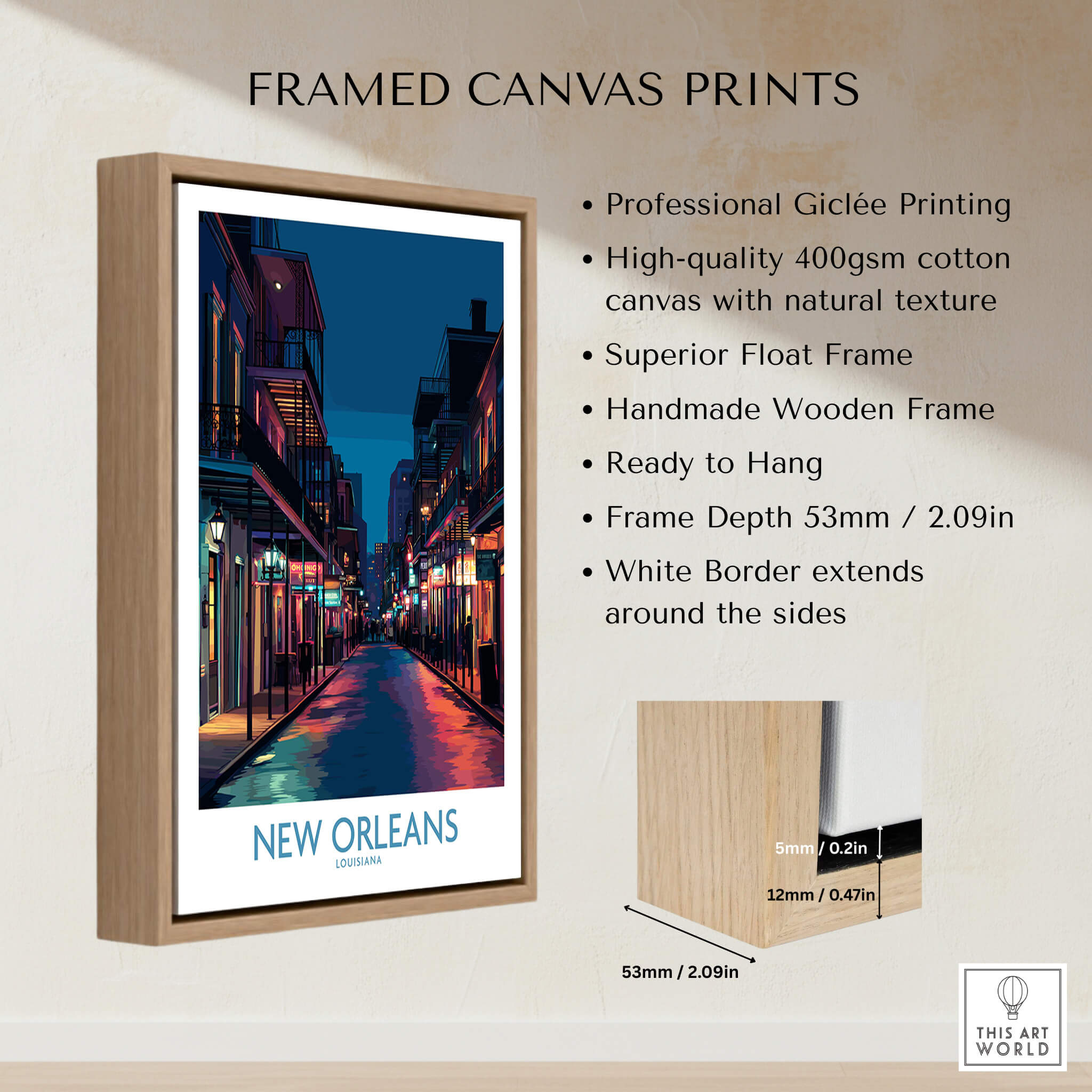 New Orleans Canvas Print | French Quarter Cityscape Poster showcasing vibrant street scene with professional framing.