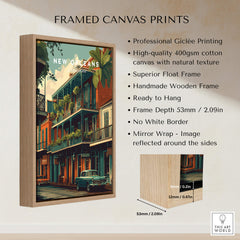 New Orleans Wall Art Print | French Quarter Balcony Travel Poster showcased in a framed canvas print.