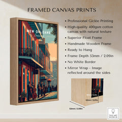 New Orleans Poster | Jazz Band Street Scene Wall Art Print framed canvas print with wooden frame and vibrant colors.