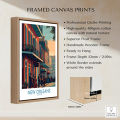 New Orleans Canvas Print | Musical Heritage Cityscape Poster framed with a natural wooden frame, ready to hang.