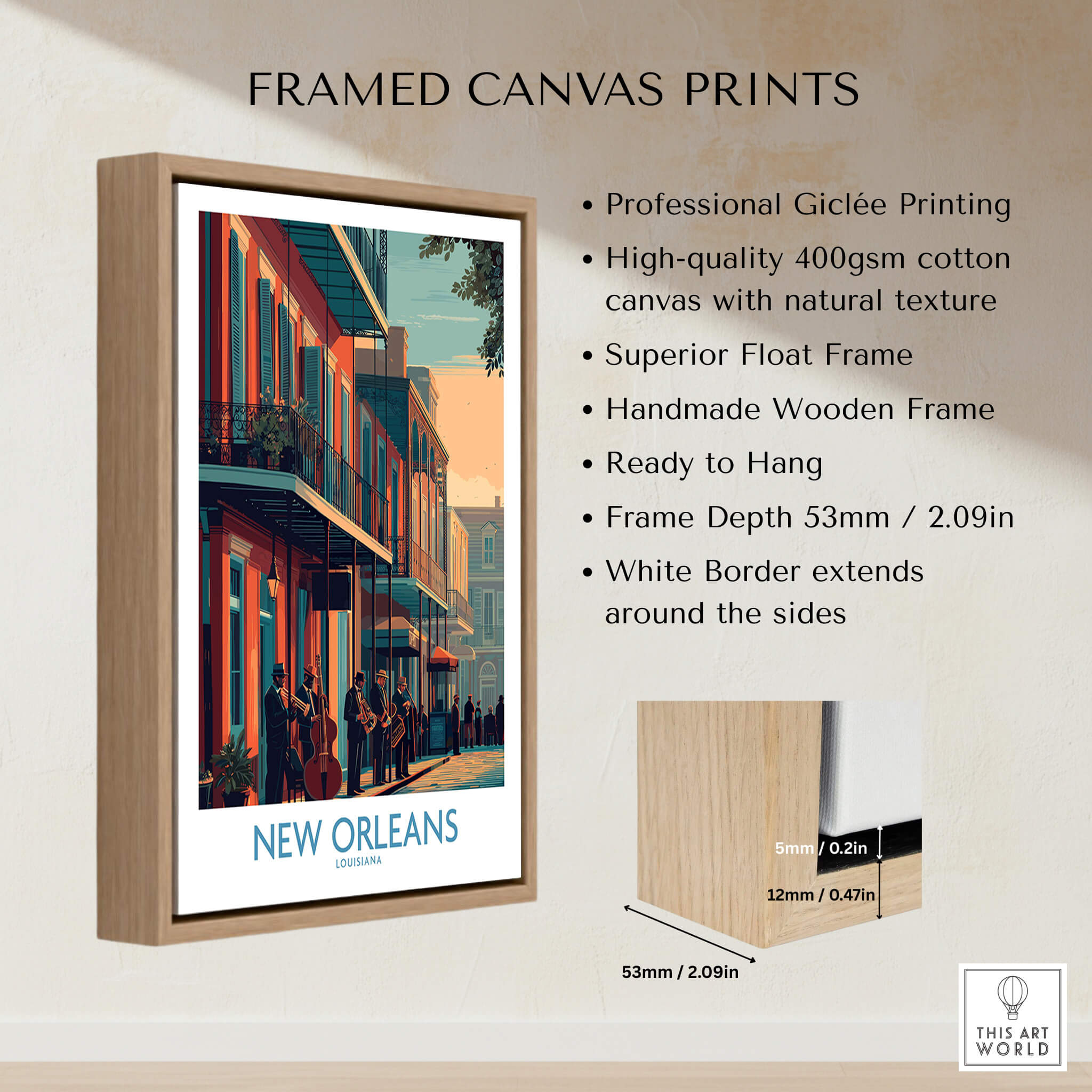 New Orleans Canvas Print | Musical Heritage Cityscape Poster framed with a natural wooden frame, ready to hang.