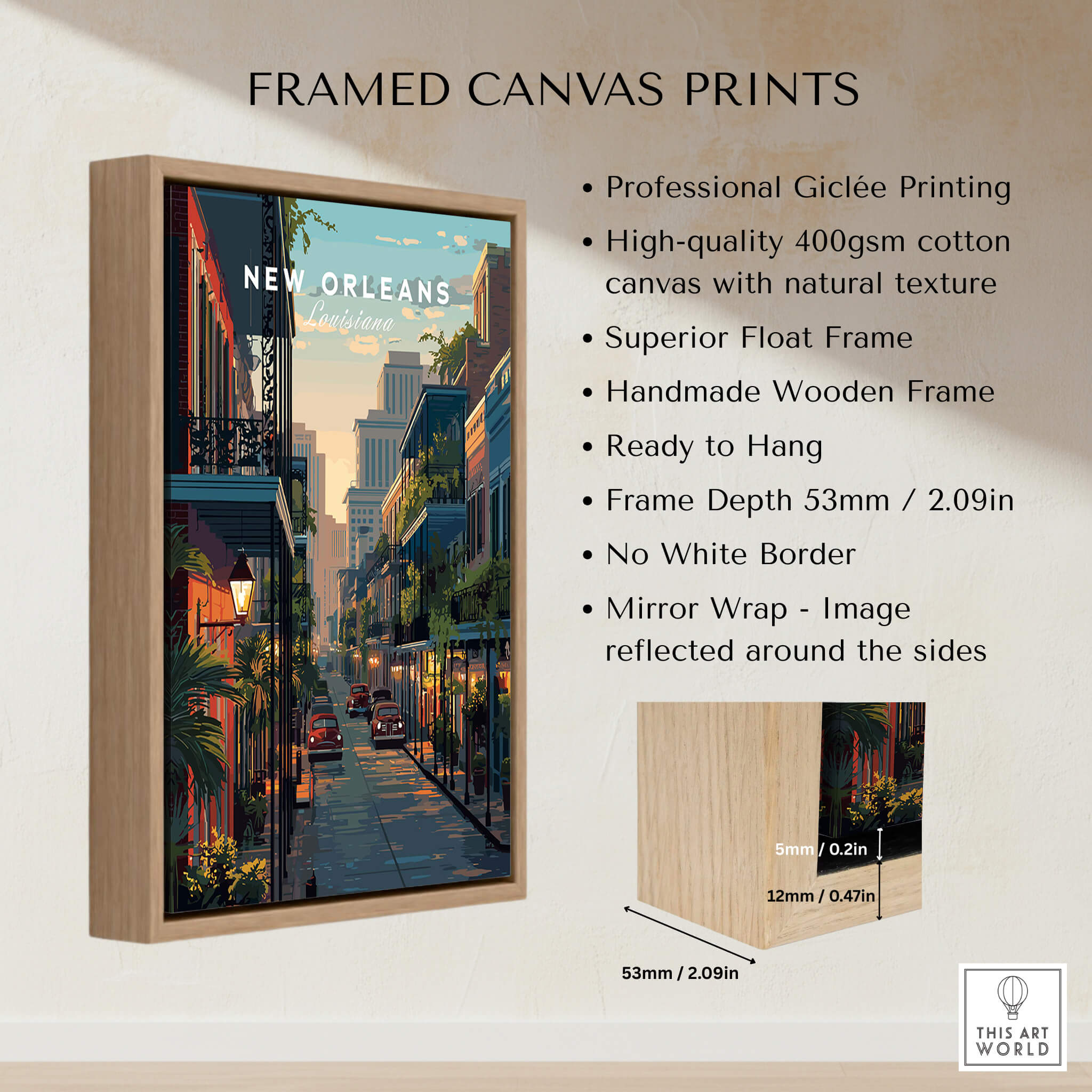 New Orleans Wall Art Print | Historic French Quarter Travel Poster showcasing vibrant streets and rich architecture.