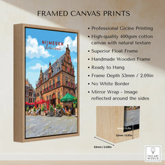 Framed canvas print of Nijmegen Netherlands cityscape with wooden float frame, home decor art