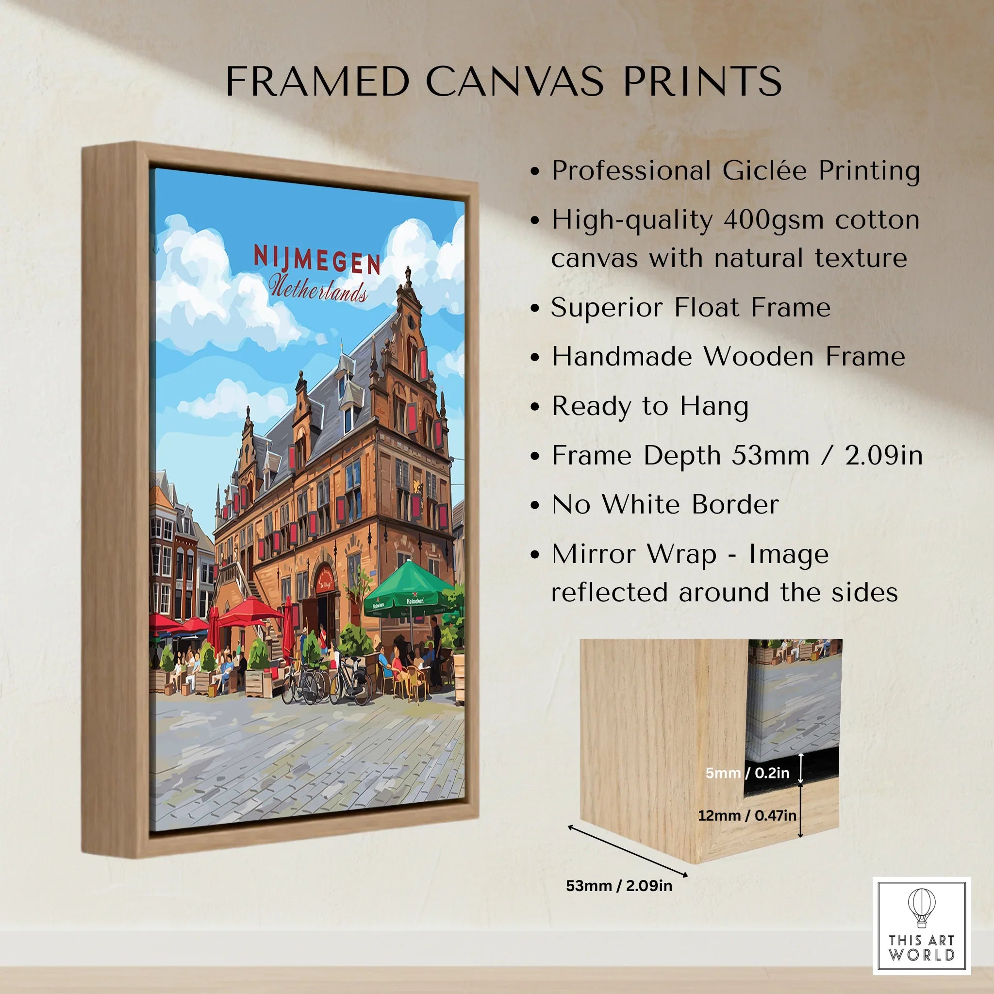 Framed canvas print of Nijmegen Netherlands cityscape with wooden float frame, home decor art