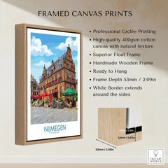 Nijmegen Netherlands travel poster in a wooden float frame, featuring colorful city scene, canvas wall art details and dimensions displayed.