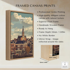 Framed Nijmegen Netherlands cityscape canvas print with float frame and detailed specifications.