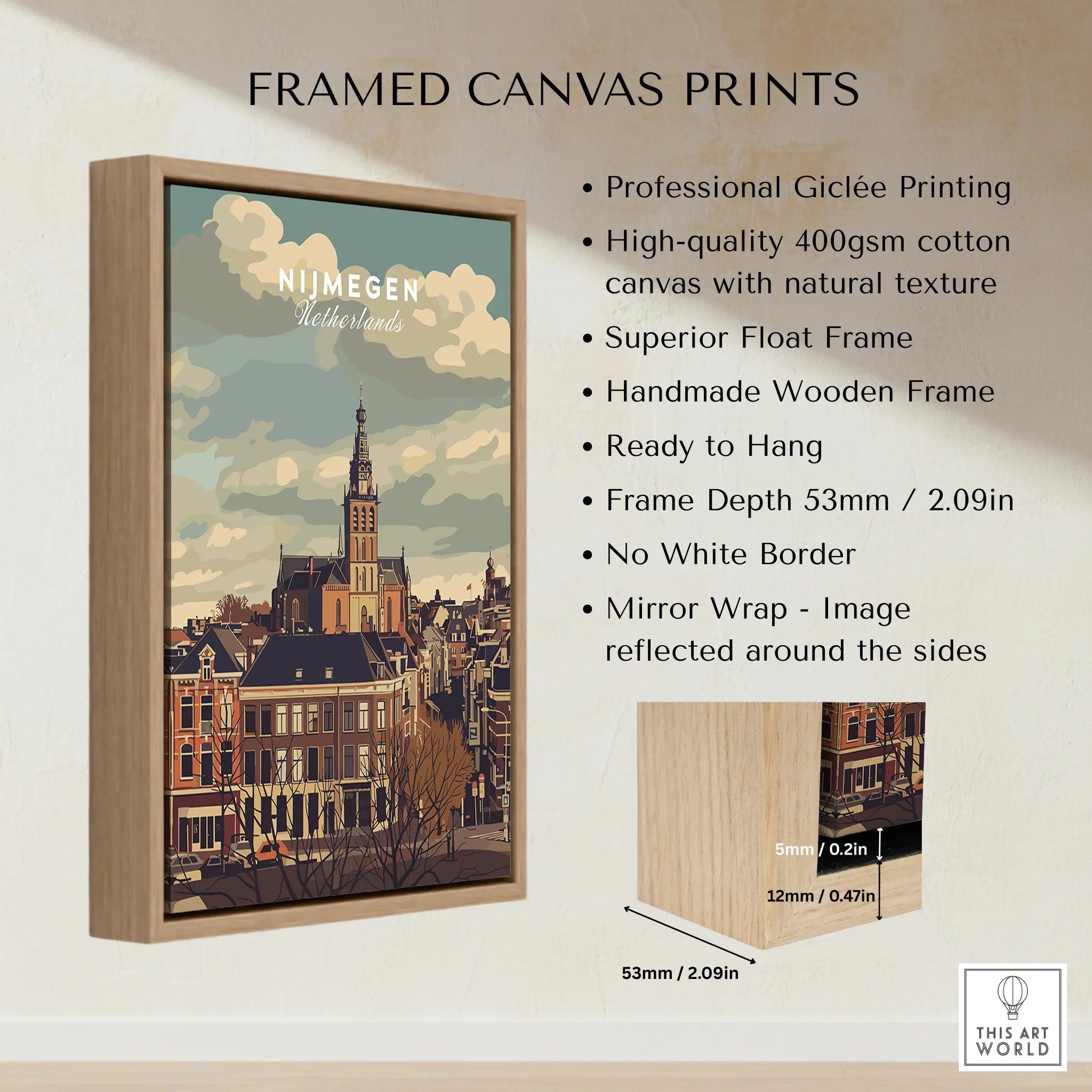 Framed Nijmegen Netherlands cityscape canvas print with float frame and detailed specifications.