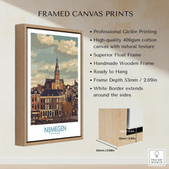 Framed canvas wall art of Nijmegen skyline with wooden float frame and product details.
