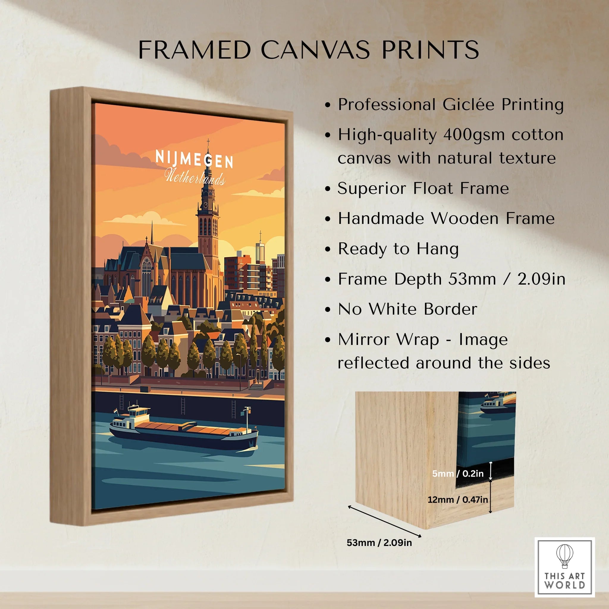 Framed canvas print featuring Nijmegen Netherlands skyline, float frame, wall art details