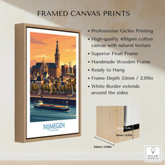 Framed Nijmegen cityscape canvas print in wooden float frame, premium wall art decor