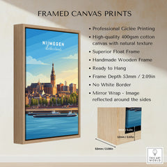 Framed Nijmegen Netherlands skyline canvas print with wooden float frame and product details.